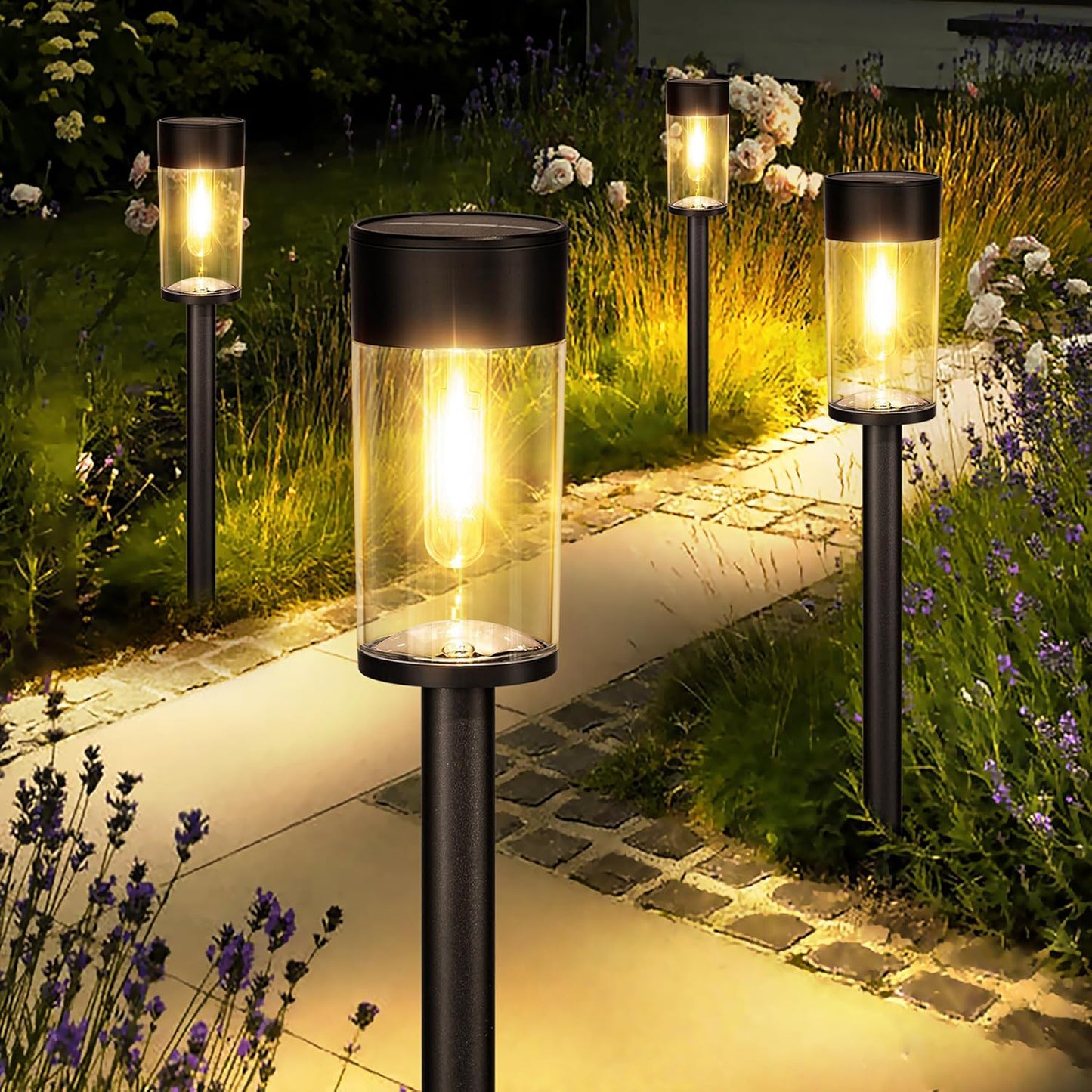 UME （2/8/10） Pack Solar Pathway Lights Outdoor, Bright Solar Garden Lights with Metal Design–IP65 Waterproof, Auto On/Off, 3000K LED Landscape Lighting for Yard, Lawn, Walkway, Driveway, Patio Decor