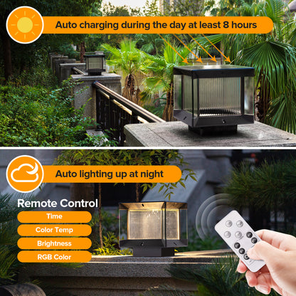LUTEC Solar Post Lights Outdoor, Dusk to Dawn Solar Lamp Post Light with Remote Control, Waterproof RGB Color Changing Post Light Solar Powered, Column Lights Pillar Lights for Outside Flat Surface