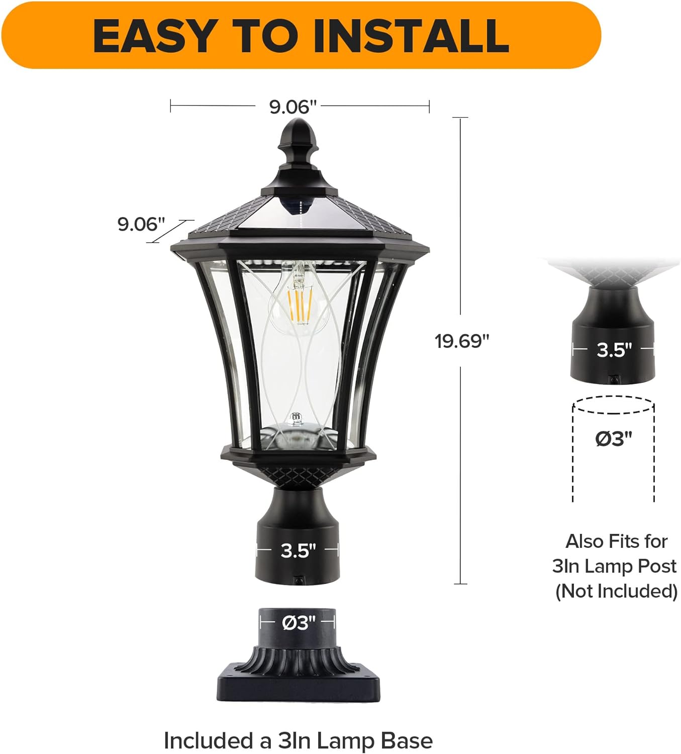 LUTEC Outdoor Solar Lamp Post Light with Pier Mount Base, Dusk to Dawn Waterproof Pole Light Head with Patterned Glass, Exterior Black Solar Powered Fence Post Light Fixtures for Outside