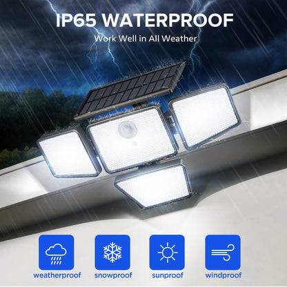 （1/2/4 PACK）UME Solar Security Light Outdoor, 196 LED Wall-Mounted Flood Light With Motion Sensor, 3 Modes, 4 Adjustable Heads Solar-Powered Floodlights with Remote Control, Waterproof