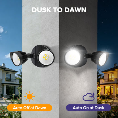 UME 27W 3000LM Dusk to Dawn Flood Lights Outdoor, Waterproof Dual Head Hardwired Security Light for House, Metal Design, Black