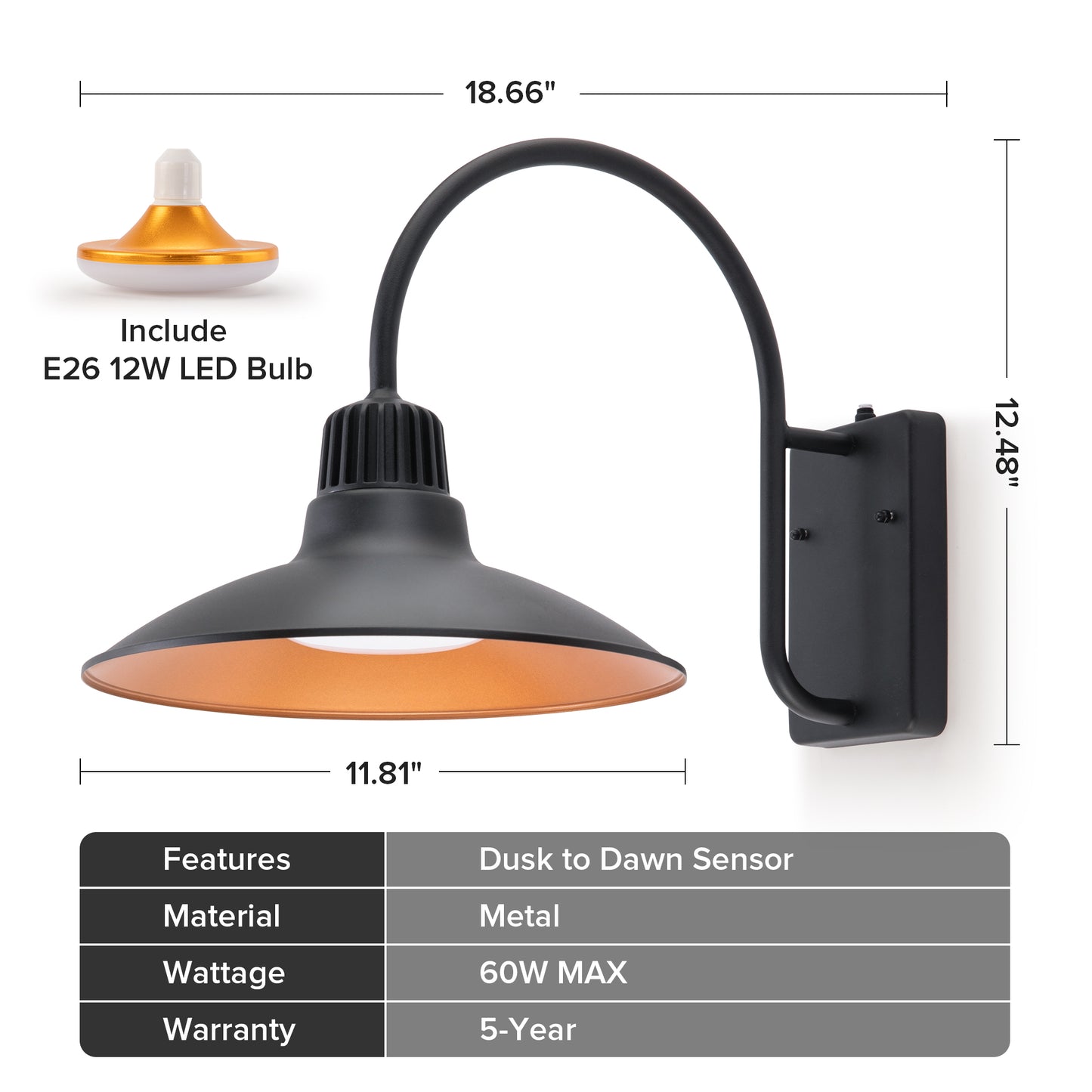 LUTEC Dusk to Dawn Wall Sconces Outdoor Gooseneck LED Barn Light Exterior Porch Wall Lighting Fixture, Anti-Rust Waterproof Vintage Wall Mount for House, Patio, Farmhouse, Garage