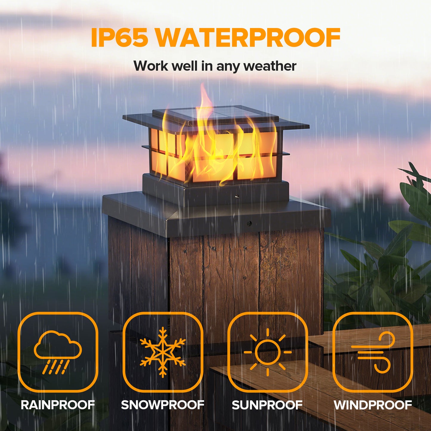 LUTEC Solar Post Cap Lights, IP65 Waterproof Solar Flame Fence Post Lights for 4x4 5x5 6x6 Wooden/Vinyl Posts, Flickering Flame Warm White 3000K LED Lighting Decor for Yard, Patio, Deck,Black