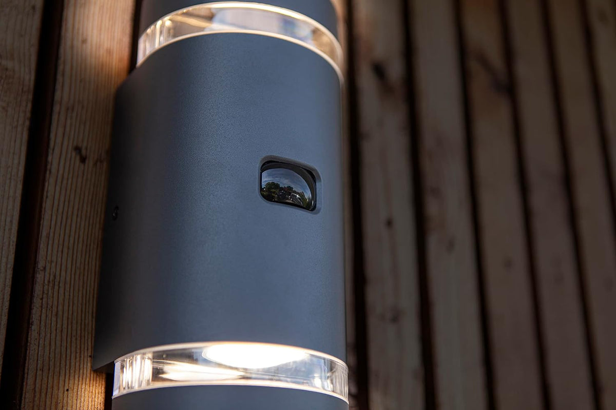 LUTEC Focus Outdoor Wall Lights PIR Motion Sensor, Waterproof Up Down Outside Light Mains Powered for Front Door Porch, with GU10 Socket (Bulb Not Included), Aluminium Exterior Wall Lamp,Dark Grey [Energy Class A]