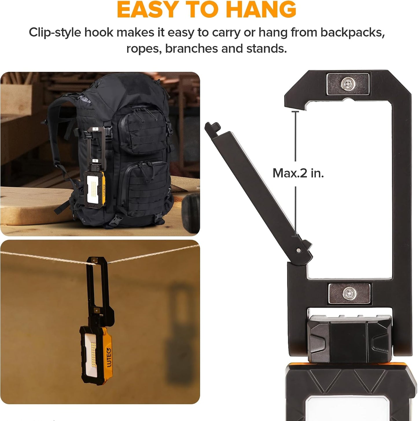 LUTEC - Rechargeable Work Light, 1000 Lumens LED Magnetic Light with Magnetic Base and Hanging Hook, 360° Rotation and 200° Rotation for Car Repair, Emergency and Camping [Energy Class A]