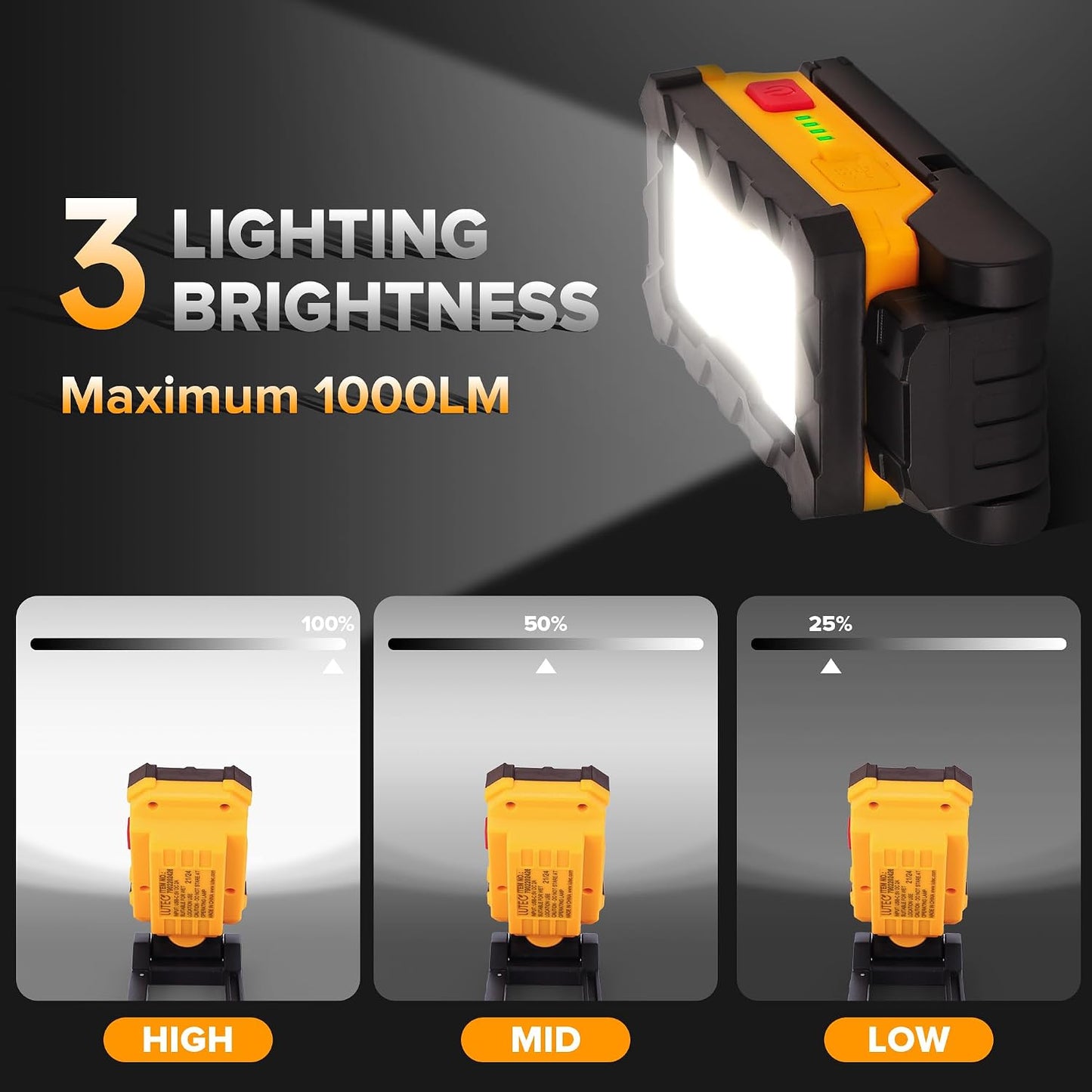 LUTEC - Rechargeable Work Light, 1000 Lumens LED Magnetic Light with Magnetic Base and Hanging Hook, 360° Rotation and 200° Rotation for Car Repair, Emergency and Camping [Energy Class A]