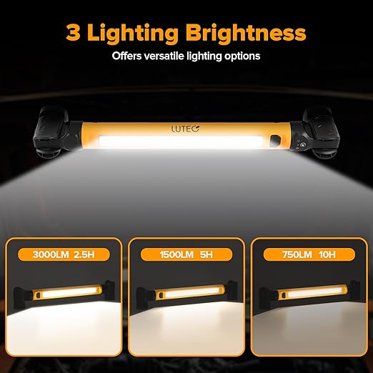 LUTEC 3000LM LED Work Light, 5200mAh Rechargeable Magnetic Under Hood Work Light Bar with Hooks, Cordless Portable Mechanic Light for Car Repairing/Inspection/Garage/Emergency-Yellow