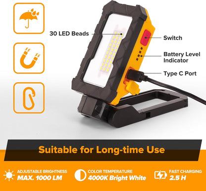 LUTEC - Rechargeable Work Light, 1000 Lumens LED Magnetic Light with Magnetic Base and Hanging Hook, 360° Rotation and 200° Rotation for Car Repair, Emergency and Camping [Energy Class A]