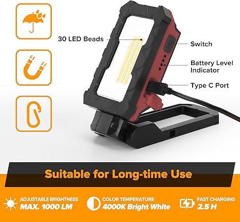 LUTEC Rechargeable Work Light, 1000 Lumens LED Magnetic Light with Magnetic Base and Hanging Hook，360°Rotate and 200°Swivel for Car Repair, Emergency and Camping