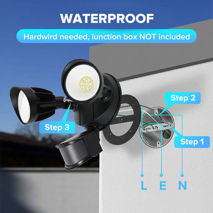 UME LED Security Light Motion Sensor Outdoor Lights, 27W 3500LM, 5000K, IP65 Waterproof, Dusk to Dawn, 2 Head Motion Detector Flood Light for Outside, Garage, Yard