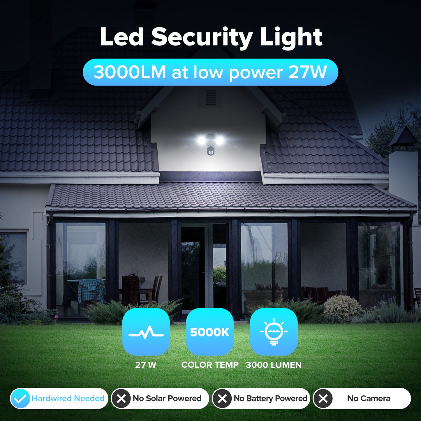 UME LED Security Light Motion Sensor Outdoor Lights, 27W 3500LM, 5000K, IP65 Waterproof, Dusk to Dawn, 2 Head Motion Detector Flood Light for Outside, Garage, Yard