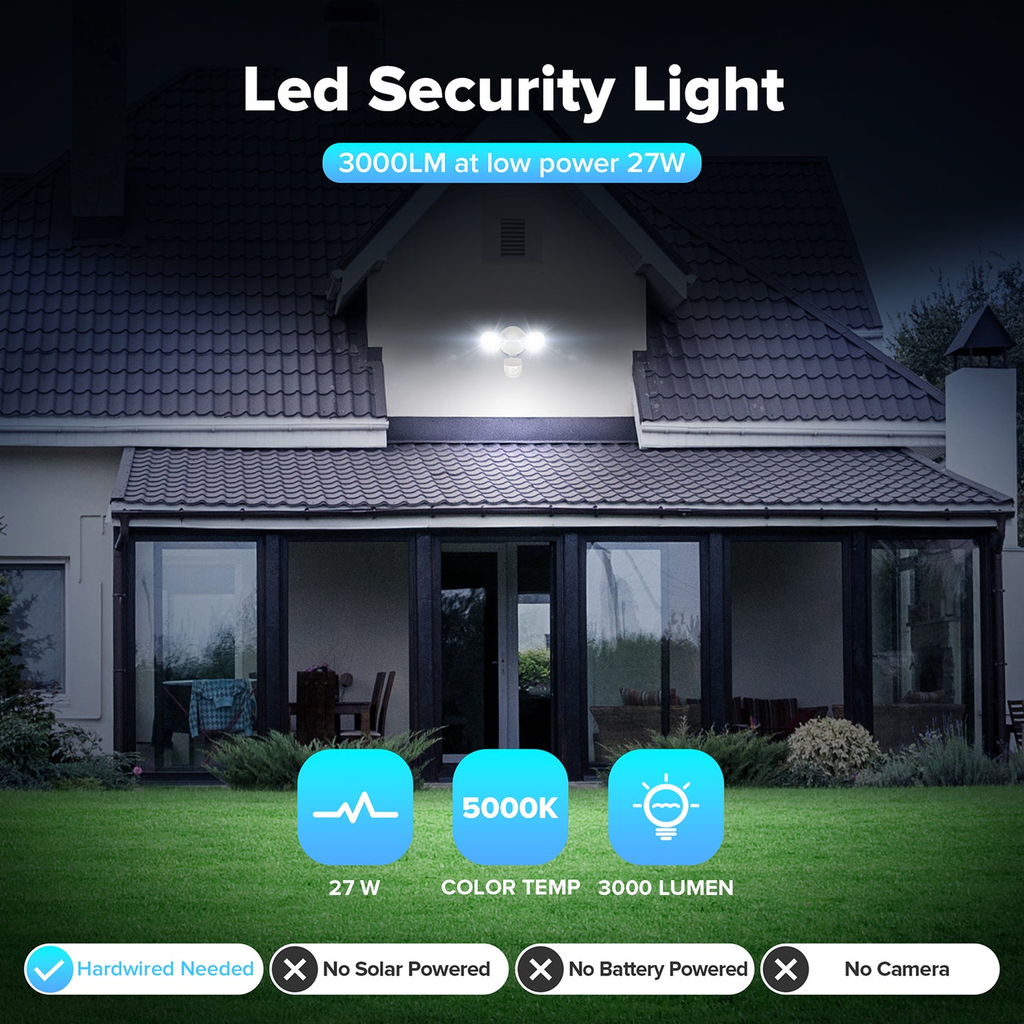 UME LED Security Light Motion Sensor Outdoor Lights, 27W 3500LM, 5000K, IP65 Waterproof, Dusk to Dawn, 2 Head Motion Detector Flood Light for Outside, Garage, Yard