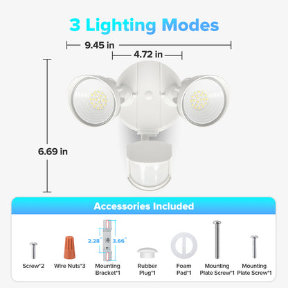 UME LED Security Light Motion Sensor Outdoor Lights, 27W 3500LM, 5000K, IP65 Waterproof, Dusk to Dawn, 2 Head Motion Detector Flood Light for Outside, Garage, Yard