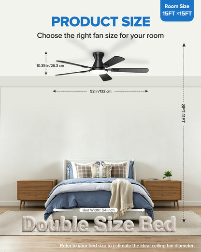UME 52" Ceiling Fan with Lights & Remote, 6 Blades Low Profile Ceiling Fan, Quiet DC Motor, Natural Wind, 6 Speeds, 3CCT Dimmable 20W LED Modern Ceiling Fan for Bedroom, Living Room