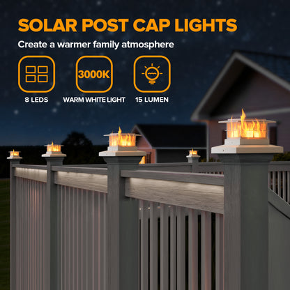 LUTEC （2/6） Pack Solar Post Cap Lights, IP65 Waterproof Solar Flame Fence Post Lights for 4x4 5x5 6x6 Wooden/Vinyl Posts, Flickering Flame Warm White 3000K LED Lighting Decor for Yard, Patio, Deck White