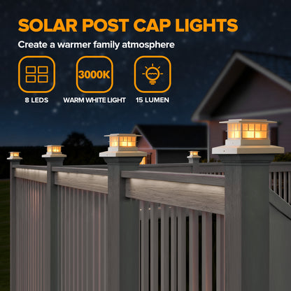 LUTEC （2/6/8） Pack Solar Post Cap Lights, IP65 Waterproof Solar Fence Post Lights for 4x4 5x5 6x6 Wooden/Vinyl Posts, Warm White 3000K LED Solar Powered Lighting Decor for Yard, Garden, Patio, Deck, White