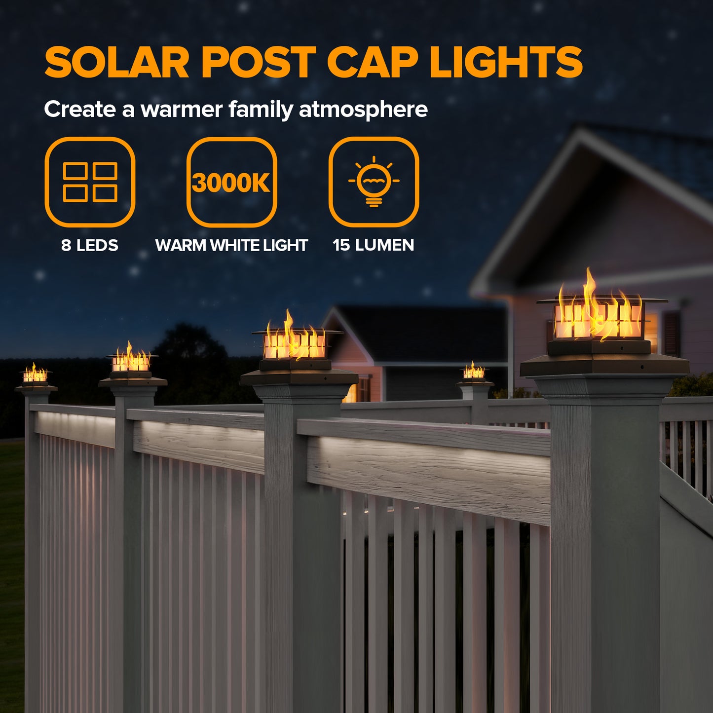 LUTEC Solar Post Cap Lights, IP65 Waterproof Solar Flame Fence Post Lights for 4x4 5x5 6x6 Wooden/Vinyl Posts, Flickering Flame Warm White 3000K LED Lighting Decor for Yard, Patio, Deck,Black