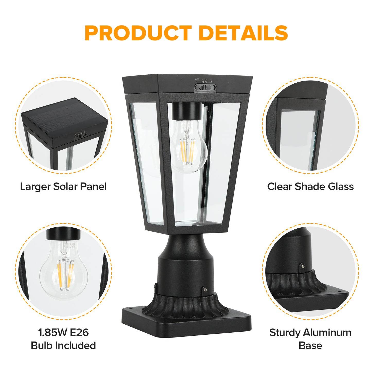 LUTEC Outdoor Solar Lamp Post Light with Pier Mount Base, Dusk to Dawn Waterproof Post Light Fixtures, Black Solar Powered Aluminum Post Lights for Outside