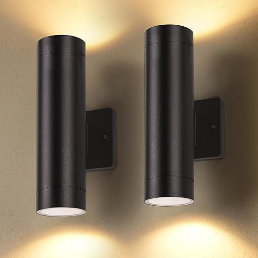 LUTEC Dusk to Dawn Outdoor Wall Lights, 16W Integrated LED Cylinder Up-Down Sconce, 3000K Waterproof Aluminum Exterior Lighting, Matte Black Modern Porch and Entryway Wall Light Fixture, 2 Pack