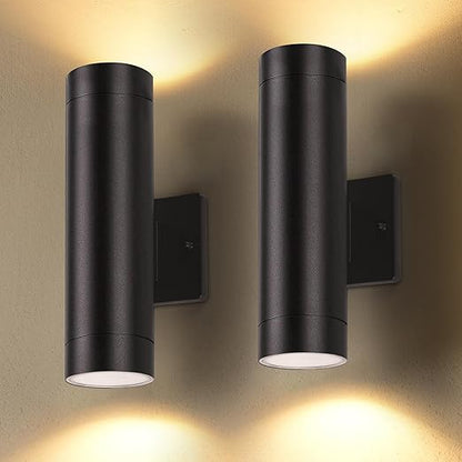 LUTEC Dusk to Dawn Outdoor Wall Lights, 16W Integrated LED Cylinder Up-Down Sconce, 3000K Waterproof Aluminum Exterior Lighting, Matte Black Modern Porch and Entryway Wall Light Fixture, 2 Pack