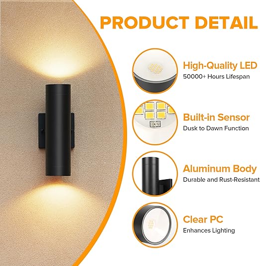 LUTEC Dusk to Dawn Outdoor Wall Lights, 16W Integrated LED Cylinder Up-Down Sconce, 3000K Waterproof Aluminum Exterior Lighting, Matte Black Modern Porch and Entryway Wall Light Fixture, 2 Pack