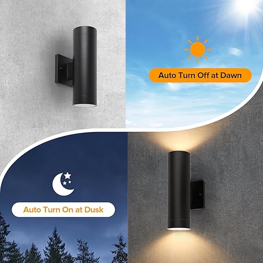 LUTEC Dusk to Dawn Outdoor Wall Lights, 16W Integrated LED Cylinder Up-Down Sconce, 3000K Waterproof Aluminum Exterior Lighting, Matte Black Modern Porch and Entryway Wall Light Fixture, 2 Pack