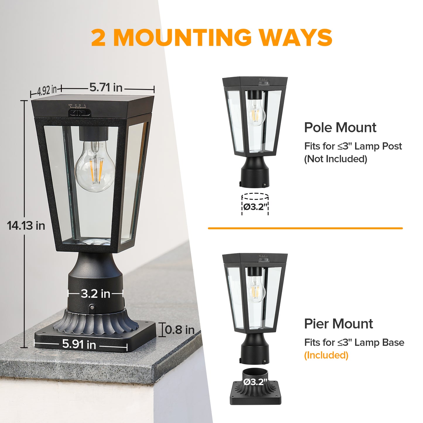 LUTEC Outdoor Solar Lamp Post Light with Pier Mount Base, Dusk to Dawn Waterproof Post Light Fixtures, Black Solar Powered Aluminum Post Lights for Outside