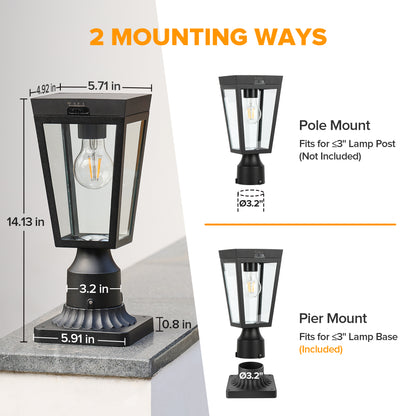 LUTEC Outdoor Solar Lamp Post Light with Pier Mount Base, Dusk to Dawn Waterproof Post Light Fixtures, Black Solar Powered Aluminum Post Lights for Outside