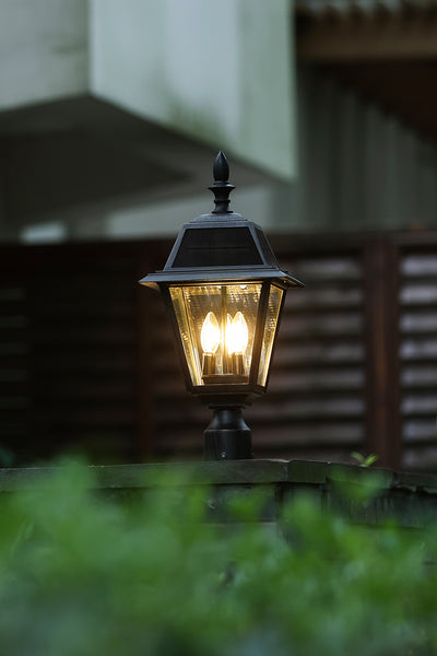 LUTEC - Outdoor Solar Post Light, with 4 Pcs Glass. Dusk to Dawn, 300LM, 3 x E12 bulb, Brown