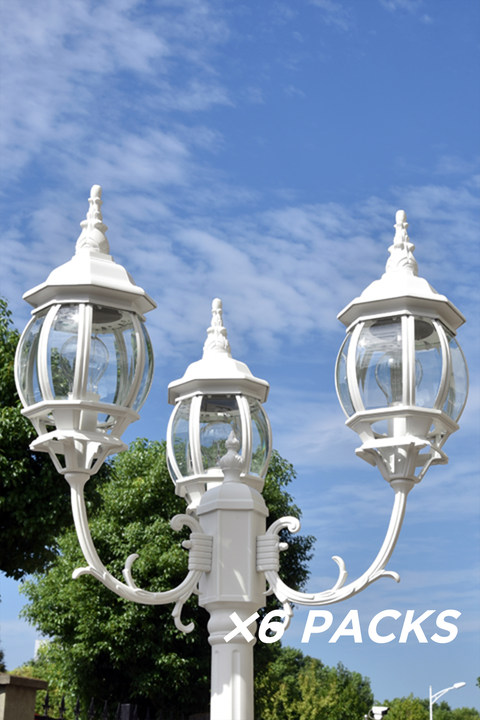 6 PACKS LUTEC-VINTAGE 3-Head Die-Cast Aluminum LED Outdoor Hard Wired Street Light (Head & Pole),White