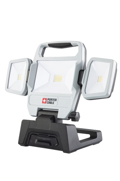 PORTER-CABLE 30W 3000-Lumen Max Rechargeable LED Work Light, Li-ion Battery Powered, Cordless, 3-Head