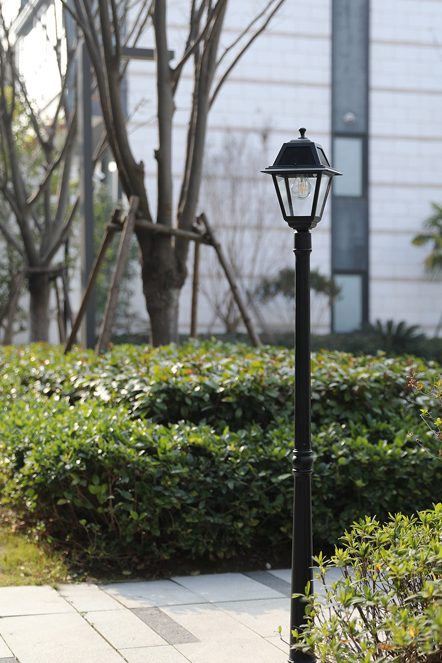 LUTEC- One-Trapezoid-Head Die-Cast Aluminum LED Outdoor Solar Street Light (Head & Pole), Dusk to Dawn. Black(Bulbs Included)